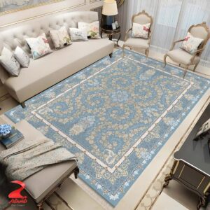 فرش ماشینی 700 شانه طرح اهورا آبی کلکسیون لاریسا کد 7091