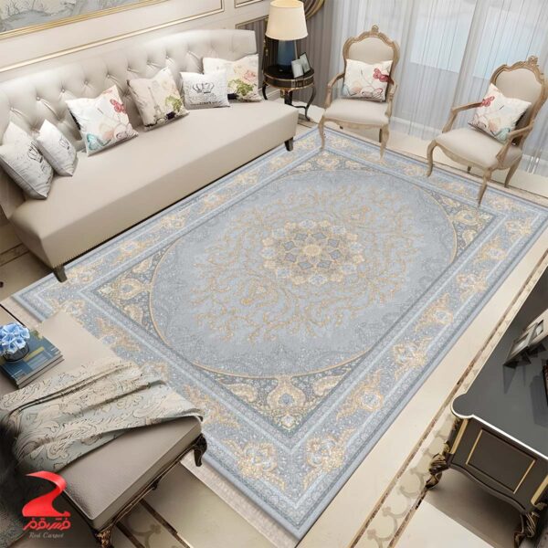 فرش ماشینی ۷۰۰ شانه طرح سوگل نقره ای کد ۷۱۵۴