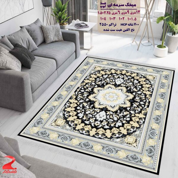 فرش ماشینی کاشان طرح میخک سرمه ای طلاکوب ۷۰۰ شانه