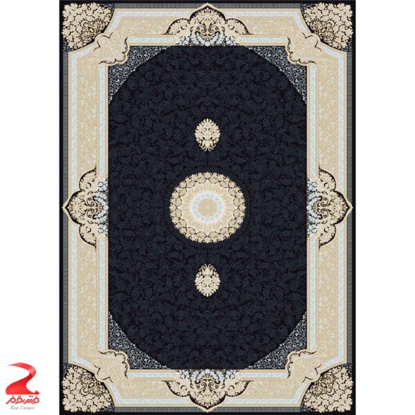 فرش ماشینی کاشان طرح خاتون سرمه ای طلاکوب ۷۰۰ شانه 2
