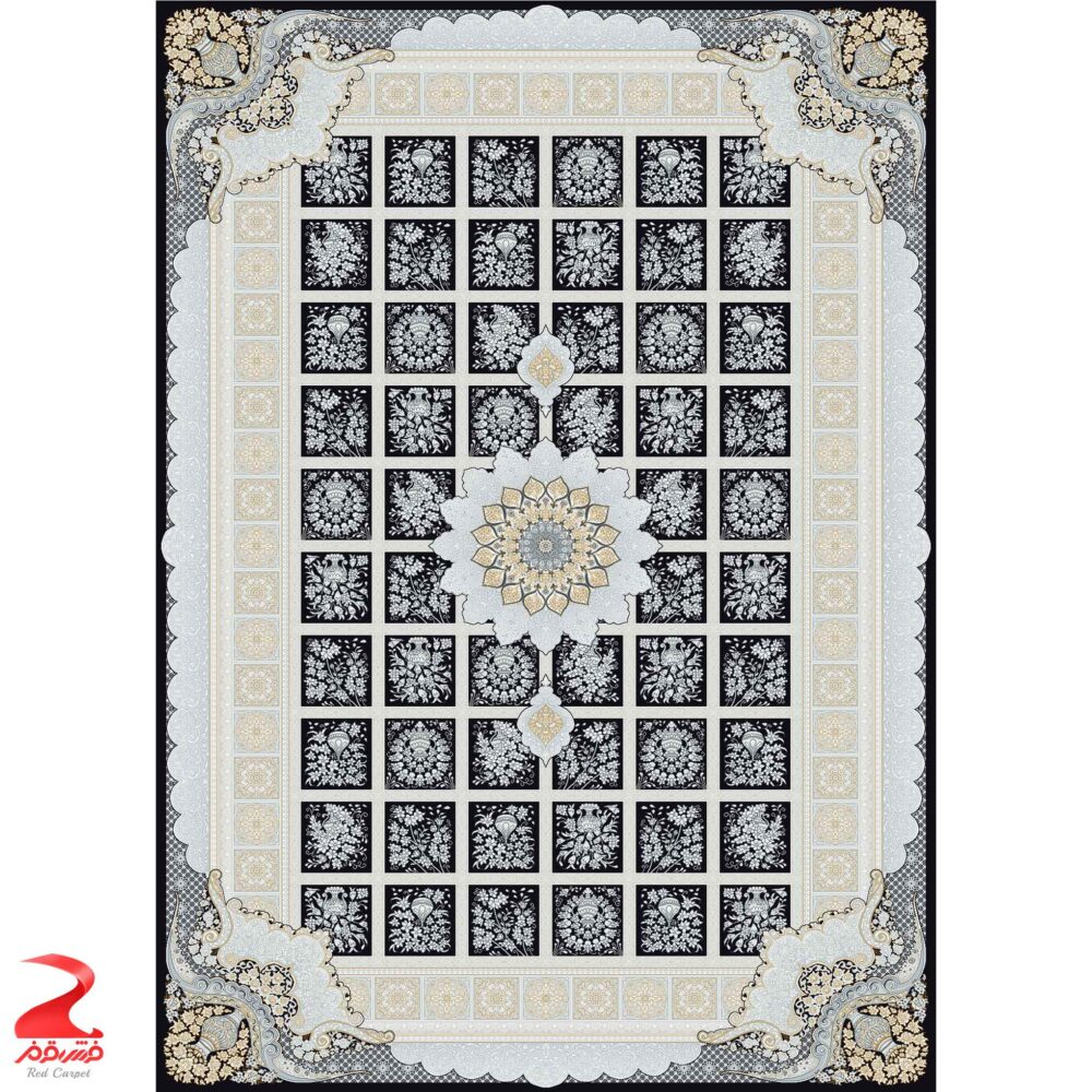 فرش ماشینی کاشان طرح مانلی سرمه ای طلاکوب 700 شانه - Image 2